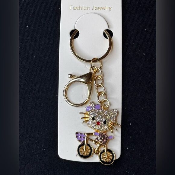 Mint BAG CHARM Sparkly Cat on Bicycle Keychain/Purse Charm Purple - Picture 2 of 11